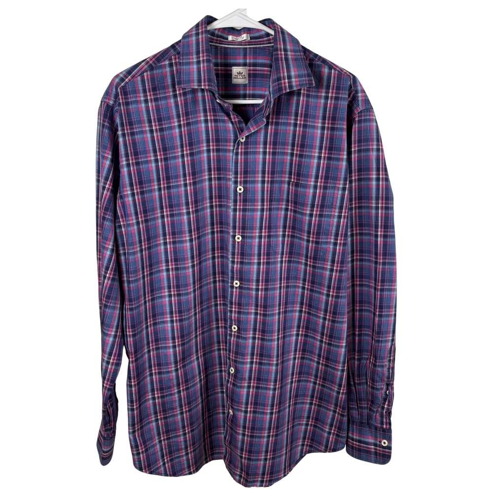 Peter Millar Button-Up Shirt Men's L Blue Pink Plaid Cotton Long-Sleeve Classic